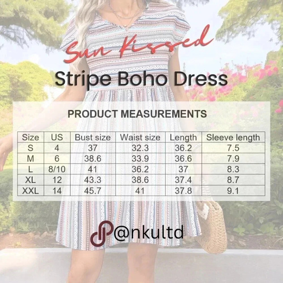 🆕️Sun-Kissed Stripes Boho Chic V-Neck Summer Colorful Fashion Trendy Midi Dress - Picture 13 of 13